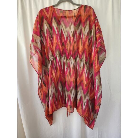 Michael Kors Tunic Top Coverup Size L/XL Colorful Red Pink Orange Tan Coastal - Picture 2 of 6